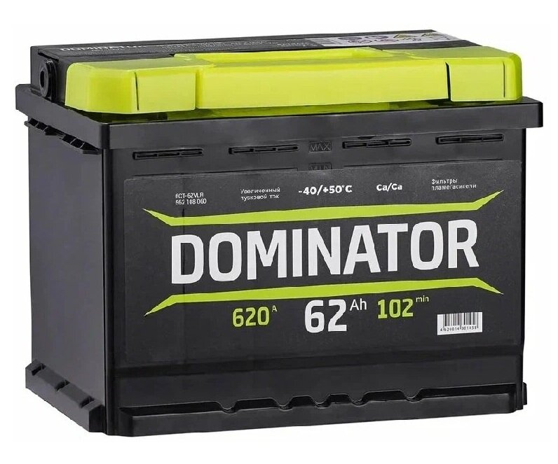 Аккумулятор автомобильный Dominator 62 А/ч 620 A обр. пол. низкий Евро авто (242x175x175)
