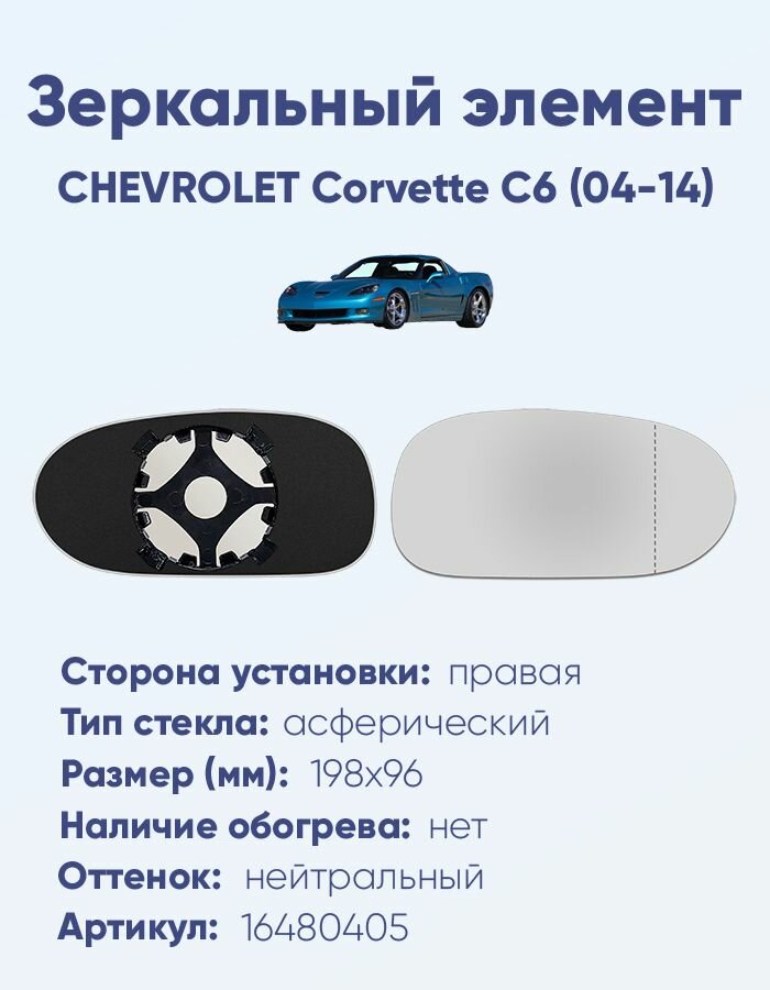 Зеркальный элемент правый CHEVROLET Corvette C6 (04-14) асферика нейтральный без обогрева