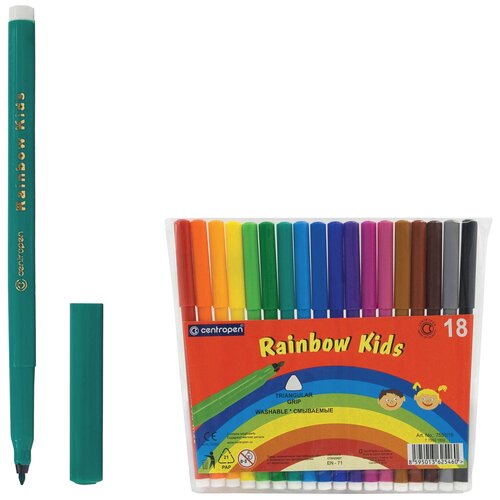 Фломастеры 18 цветов CENTROPEN Rainbow Kids, круглые, смываемые, вентилируемый колпачок, 7550/18ET, 7 7550 1802