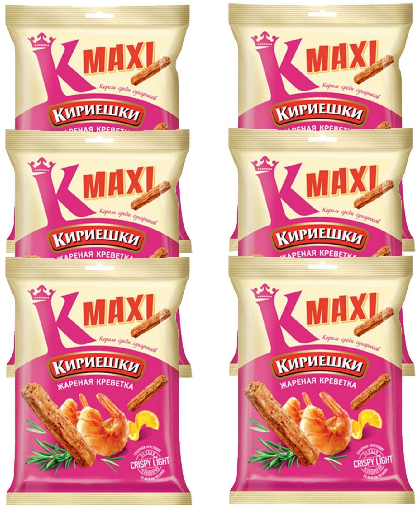 «Кириешки Maxi», сухарики со вкусом жареных креветок, 6 пачек по 60 г