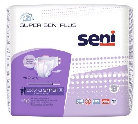 Подгузники для взрослых Super Seni Plus Extra Small (№0), объем талии 40-60 см, 10 шт.