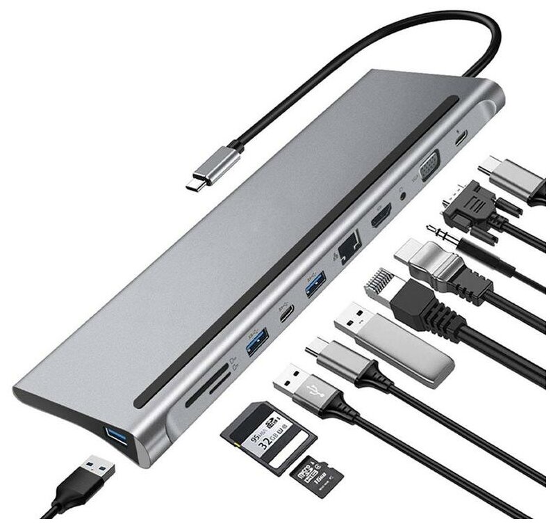 USB Type-C HUB ELfoC LM3123-69-11 Супер-комбайн хаб 11 в 1, концентратор USB3.0x2+USB C Data Function+USB C PD+RJ45+HDMI 4K30Hz+VGA+SD+3.5mm Audio