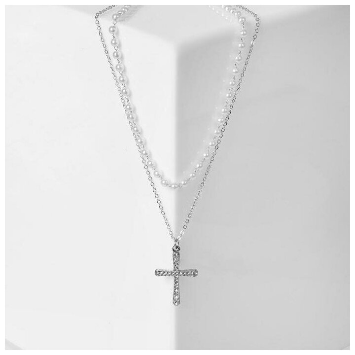 Queen fair Кулон "Цепь" нить из жемчуга, крестик плавный, цвет белый в серебре, 35 см - фотография № 1