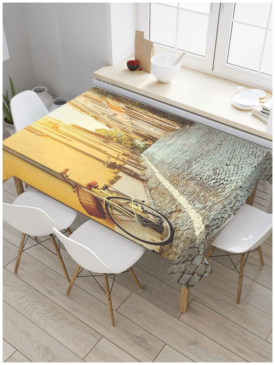 Скатерть прямоугольная JoyArty на кухонный стол "Велосипедная улица" из оксфорда, 180x145 см