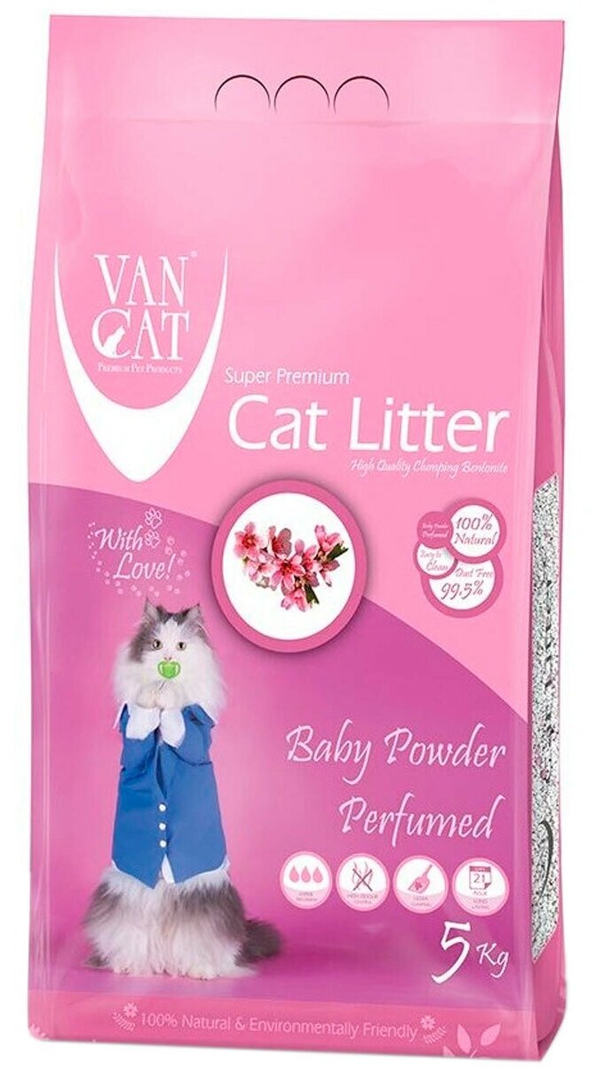 VAN CAT BABY POWDER наполнитель комкующийся с ароматом детской присыпки (5 кг)