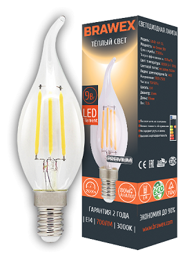 Светодиодная лампа Brawex LED Filament Candle 9W 3000K E14 C35QF-E14-9L
