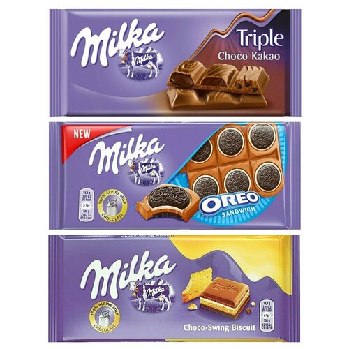 фото Шоколад milka triple cocoa + oreo sandwich + cream & biscuit (набор из 3 шт), 100 г, 3 уп.