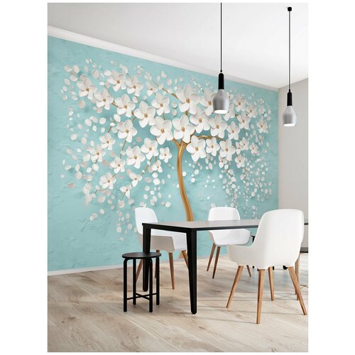 фото Фотообои красивое золотое 3d дерево с белыми цветами на бирюзовом фоне/ красивые уютные обои на стену в интерьер комнаты/ 3д расширяющие пространство над кроватью или над столом/ на кухню в спальню детскую зал гостиную прихожую/ размер 400х270см/ флизелиновые топ фотообои,топ фотообои