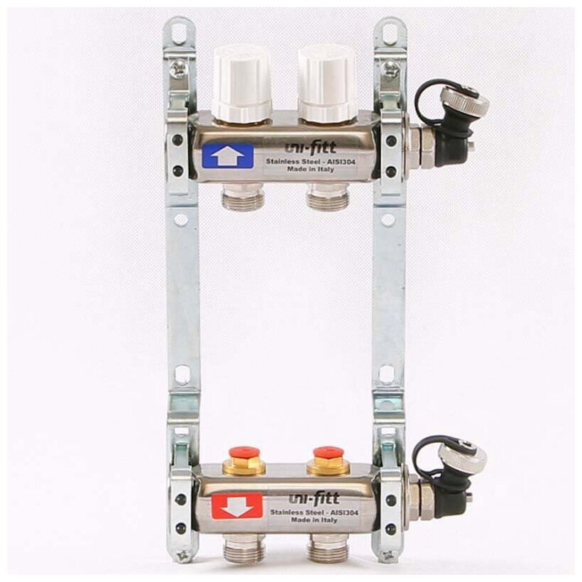 Колл. группа UNI-FITT 1"x3/4" ЕК 2 выхода с вентилями и дренажными клапанами - нерж. сталь
