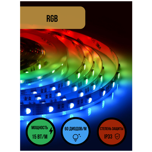 Яркая светодиодная лента с напряжением 12В, 15 Вт/метр, RGB многоцветная, 60 светодиодов/метр. Длина 10 метров, 2 бухты по 5 м.