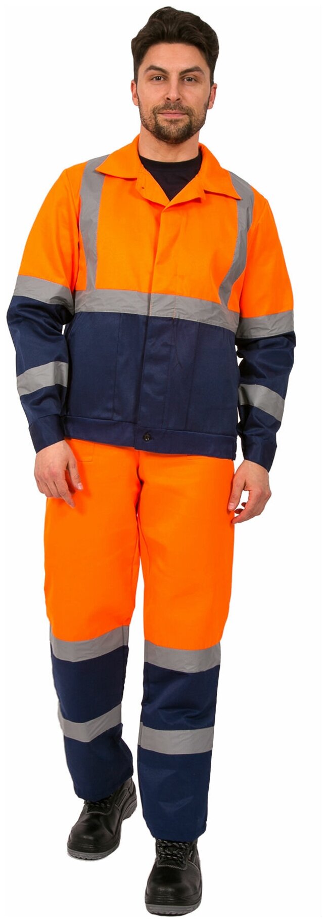 Костюм Дорожник с укороченной курткой (тк. Смесовая,210) п/к, оранжевый/т. синий (60-62; 170-176)