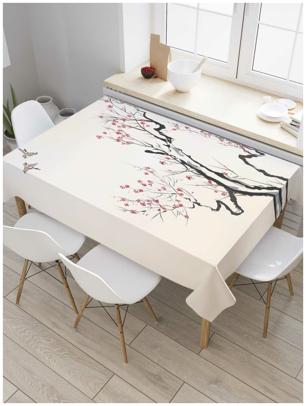 Скатерть прямоугольная JoyArty на кухонный стол "Улетающие птицы" из оксфорда, 120x145 см