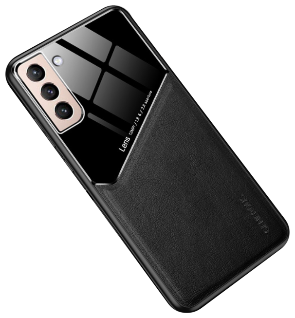 Чехол задняя панель MyPads для Samsung Galaxy S21 (SM-G991) из качественного силикона с дизайном под кожу со стеклянной вставкой черная