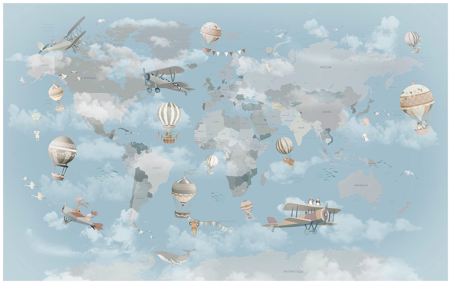 Фотообои Уютная стена "Карта мира на фоне неба" 430х270 см Виниловые Бесшовные (единым полотном)