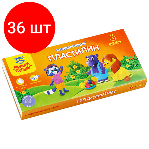 Комплект 36 шт, Пластилин Мульти-Пульти Приключения Енота, 06 цветов, 120г, со стеком, картон