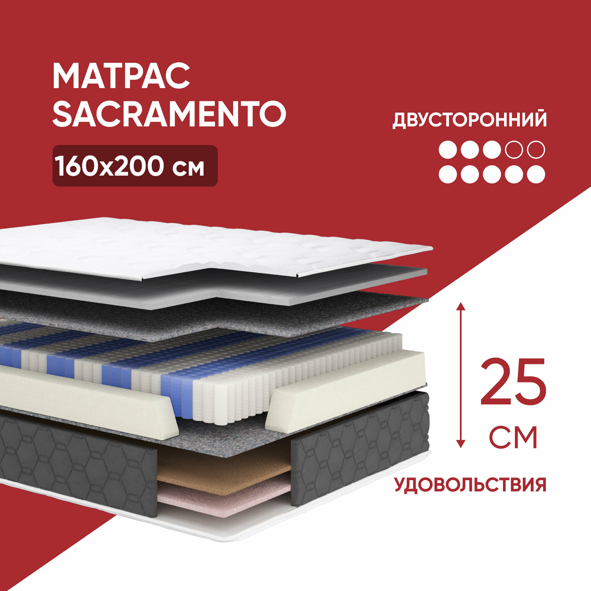 Матрас 160 х 200, высота 25см, с НПБ, Sacramento