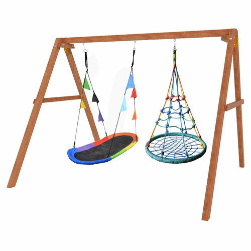 Деревянные качели с овальным разноцветным гнездом Лодка и гнездом с паутинкой 32442₽