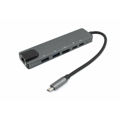 Адаптер Type C на HDMI, USB 3.0*2 + RJ45 + Type C*2 серый адаптер type c на hdmi usb 3 0 rj45 серебристый