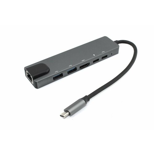 Адаптер Type C на HDMI, USB 3.0*2 + RJ45 + Type C*2 серый