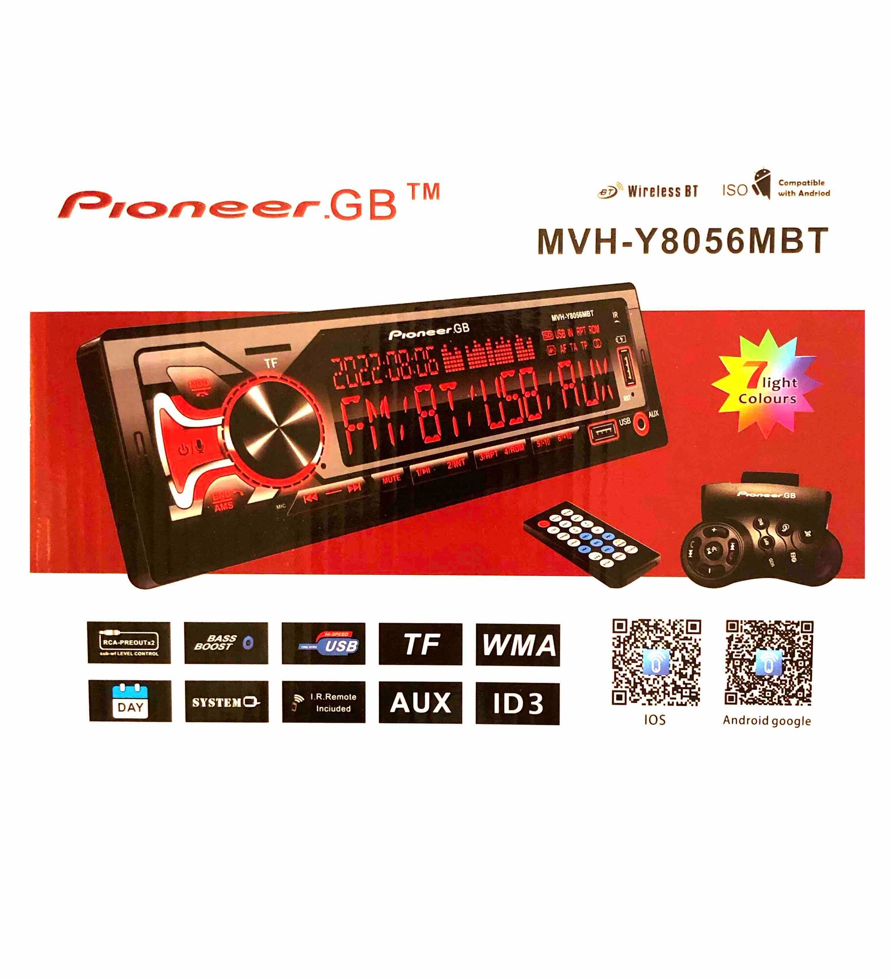 Магнитола Pioneer 1 din с Bluetooth / 12V / 7 цветов подсветки экрана / AUX / USB / Блютуз / Пульт на руль / Пульт ДУ / Пионер Y8056MBT