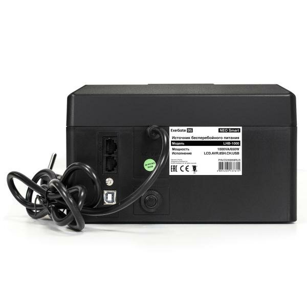 Exegate EX293858RUS ИБП ExeGate NEO Smart LHB-1000. LCD. AVR.8SH. CH. USB <1000VA/650W, LCD, AVR, 8*Schuko, USB, 4*USB-порта для зарядки, Black>