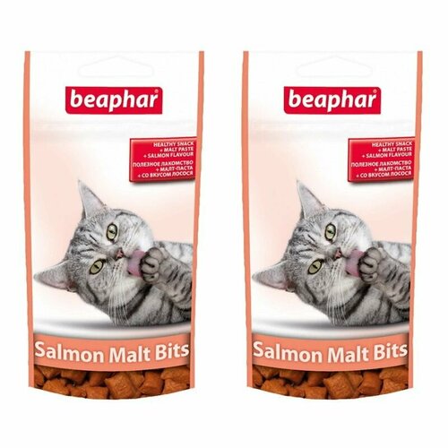 Beaphar Подушечки для кошек с мальт-пастой со вкусом лосося, Malt-Bits, 75 шт, 35 г, 2 уп. beaphar malt bits подушечки с мальт пастой для выведения шерсти из желудка с лососем 35г 75 шт