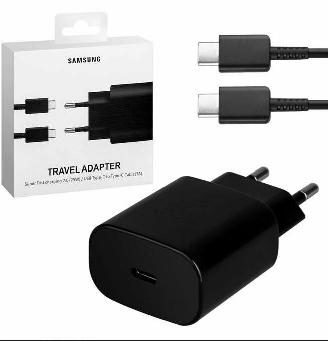 Адаптер для Samsung 25W USB-C + Кабель Type-C (3A), быстрая зарядка, черный