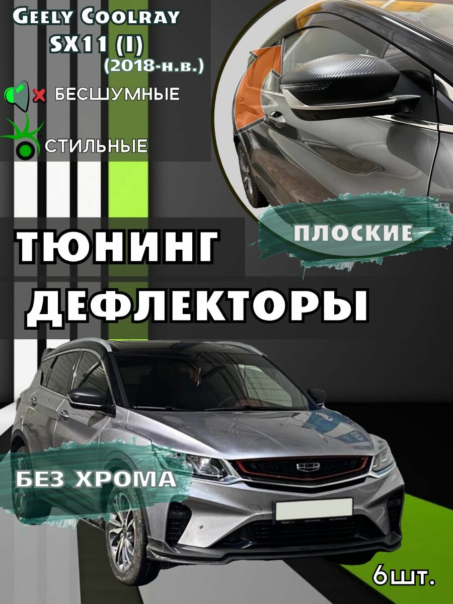 Плоские тюнинг дефлекторы для окон Geely Coolray (2019-н. в) Ветровики на Джили Кулрей / 2d дефлекторы. Комплект 6 шт.