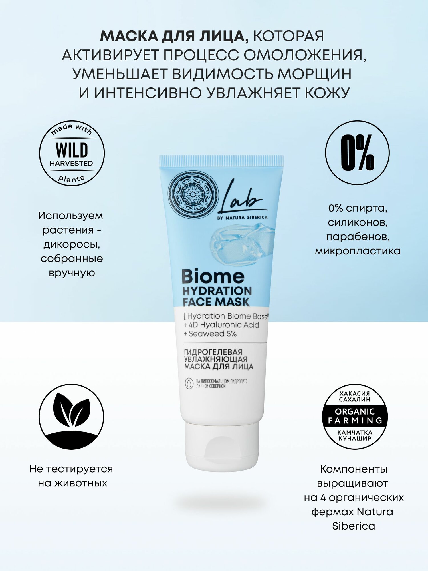 Natura Siberica Lab Biome Hydration Гидрогелевая маска для лица увлажняющая антивозрастная против морщин, омолаживающий лифтинг с гиалуроновой кислотой 75 мл — фото 1