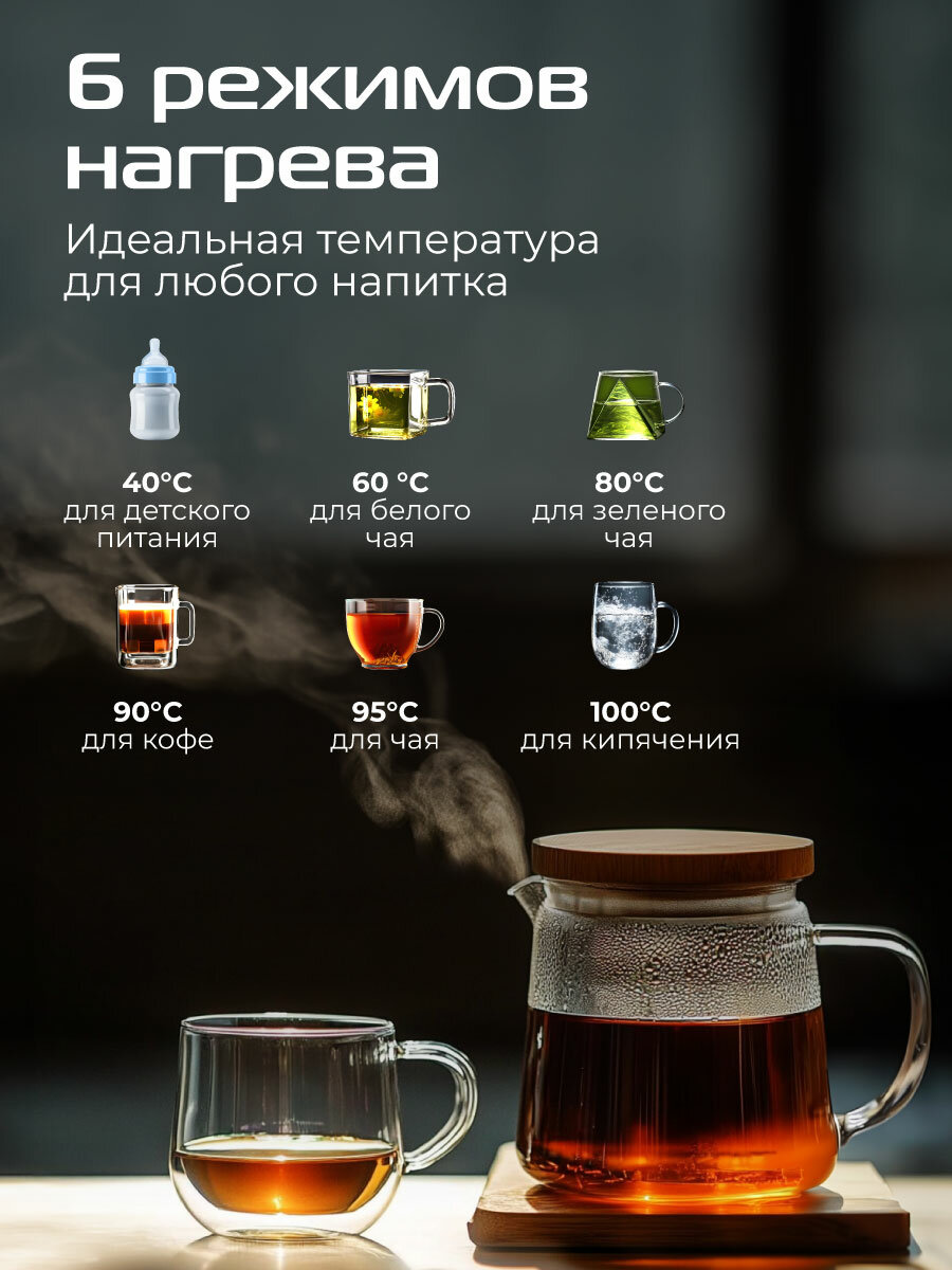Электрический стеклянный чайник RED SOLUTION COLORSENSE G125D. чёрный, 1,5 литра, с подсветкой, сенсорный дисплей. — фото 1