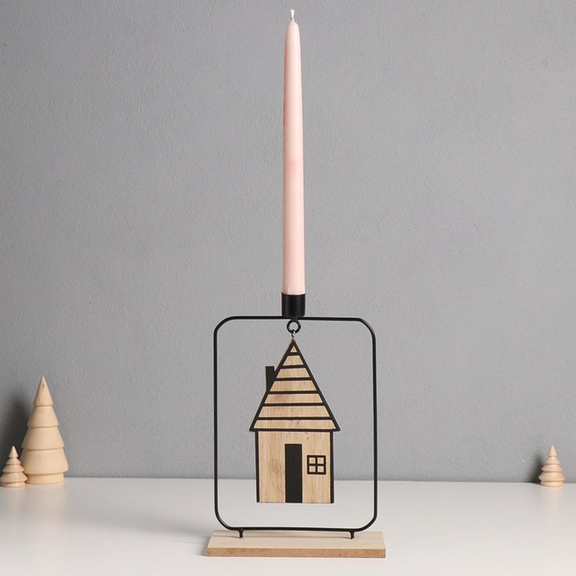 Подсвечник на 1 свечу «Домик» d=2 см металл дерево 6×15×24 см