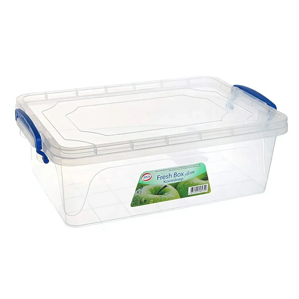Контейнер пластиковый «Fresh Box» slim 6 л прозрачный с синими ручками