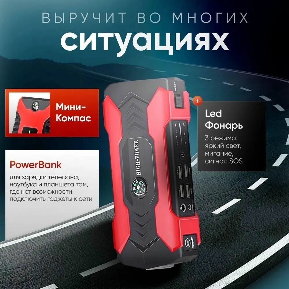 Изображение Пусковое зарядное устройство для автомобиля портативное / бустер автомобильный пусковой 20000 мАч