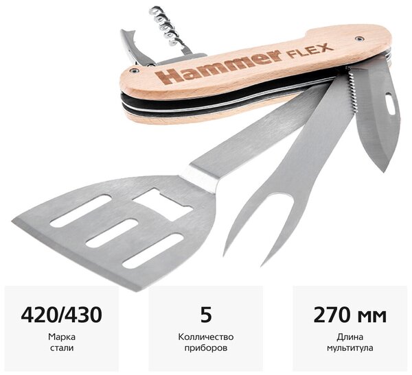 Нож мультитул походный для рыбалки и кухни HAMMER 310-310 5в1, складной, 1шт/уп