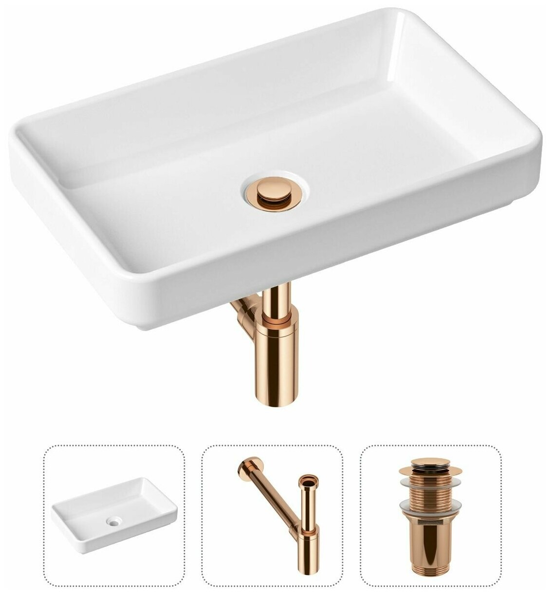 Накладная раковина в ванную Lavinia Boho Bathroom Sink Slim 21520119 в комплекте 3 в 1: умывальник белый, донный клапан и сифон в цвете розовое золото