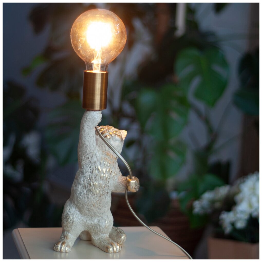 Настольная лампа светильник из мрамора BOGACHO Кот Люмен 42 см кремового цвета с золотой поталью - лампа в комплекте - фотография № 10