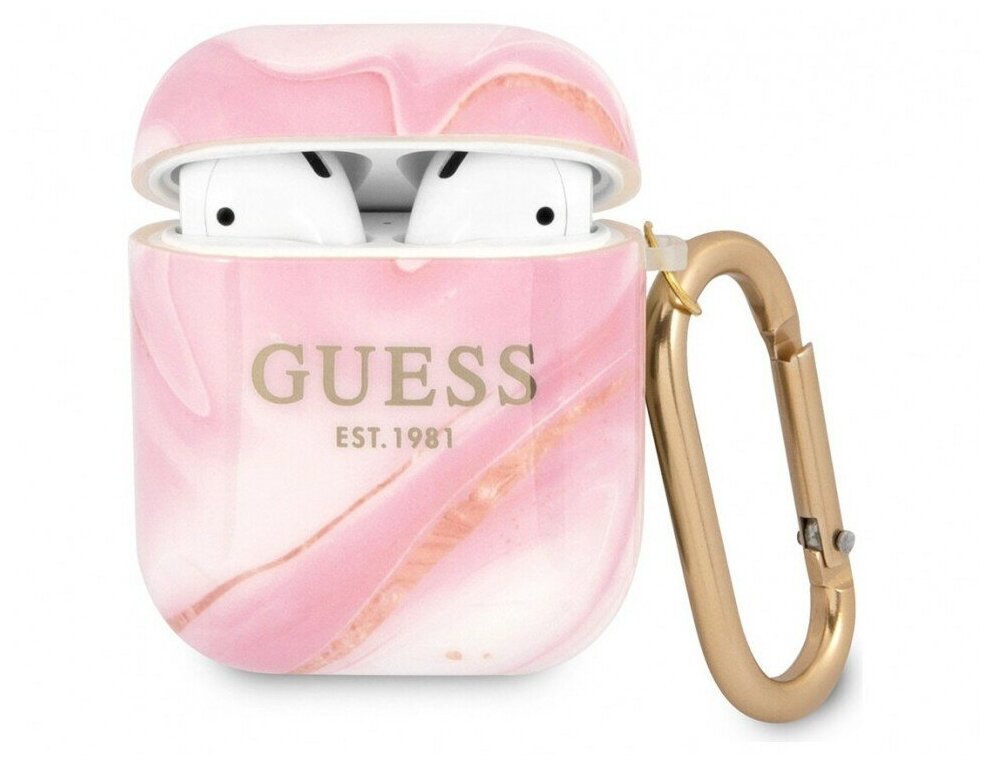 Guess для Airpods 1/2 чехол TPU with carabin New Marble design Pink