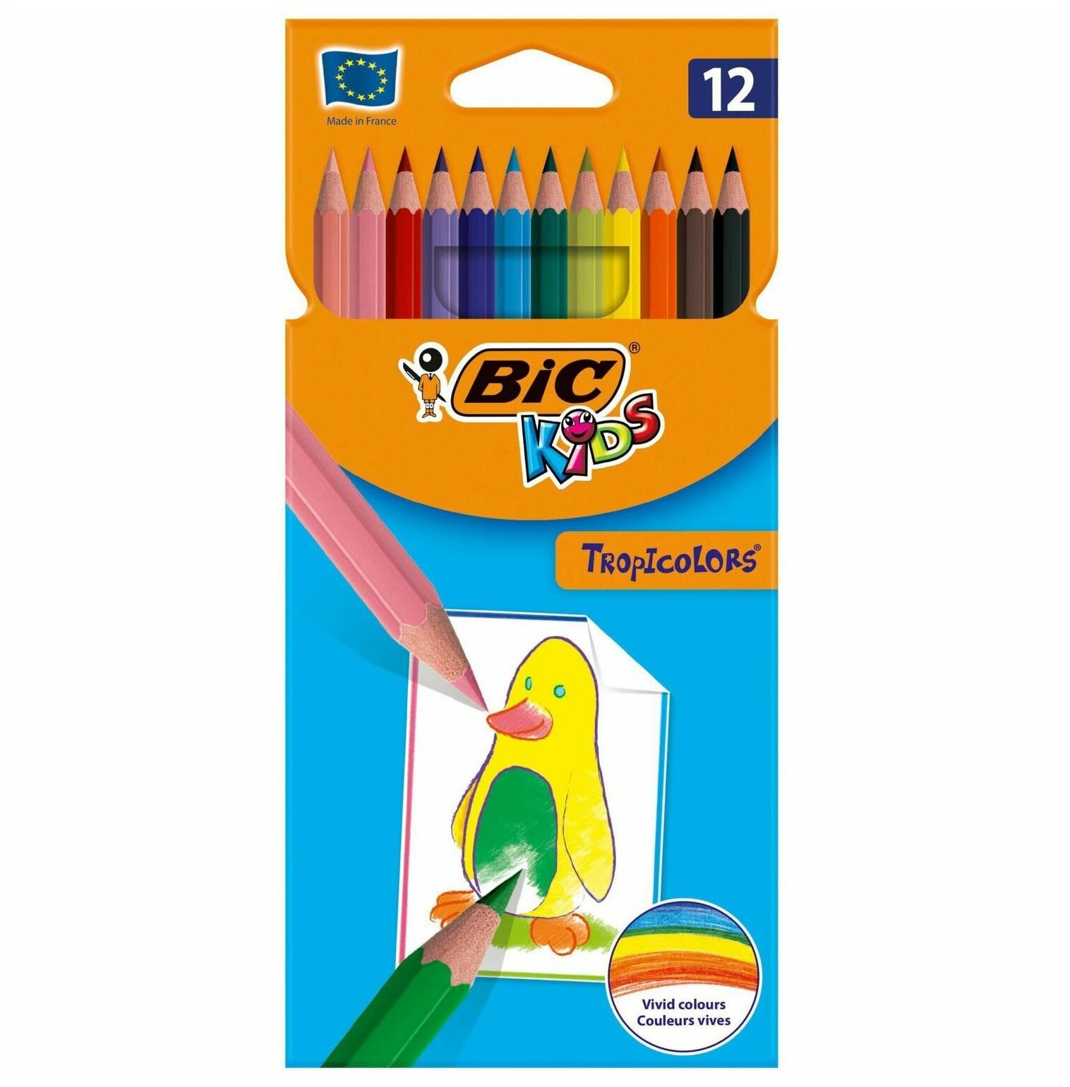Карандаши 12 цветов BIC Kids Tropicolors, детские, шестигранные, ударопрочные. В наборе 1шт.