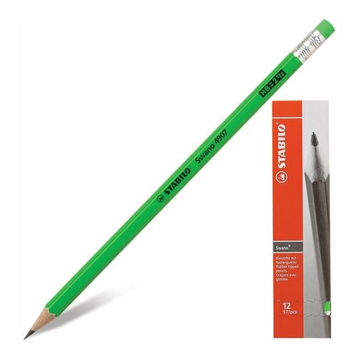 Карандаш чернографитный STABILO 1 Swano HB с резинкой корпус неоновый зеленый заточенный, 24 шт карандаш чернографитный карандаш гения hb