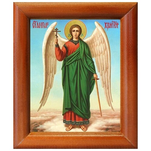 Ангел Хранитель на голубом фоне, икона в деревянной рамке 8*9,5 см