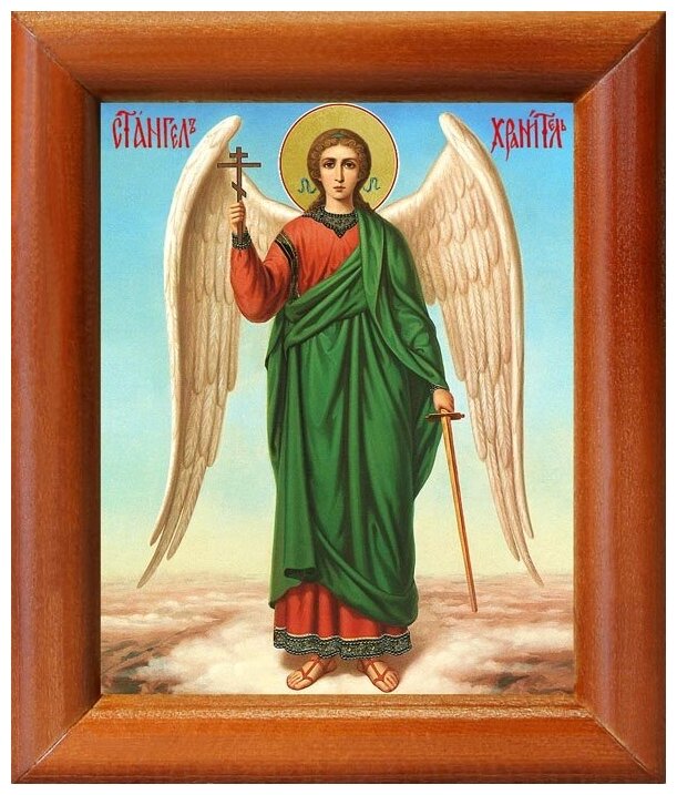 Ангел Хранитель на голубом фоне, икона в деревянной рамке 8*9,5 см