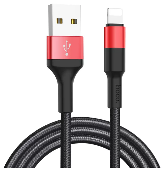 Кабель HOCO X26 USB (m)-Lightning (m) 1.0м 2.0A ткань черный красный