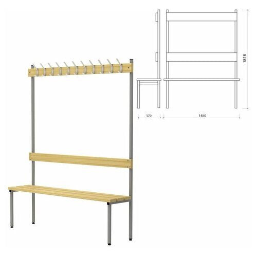 Скамья с вешалкой, спинкой П-091Д/1,5 (1818х1480х370 мм), 11 крючков, дерево, металлокаркас