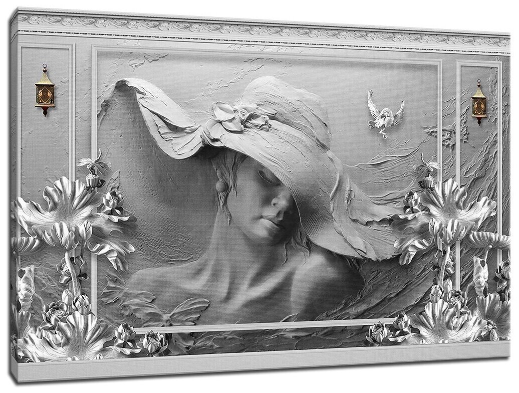 Картина Уютная стена "Дама в шляпе в окружении лотосов" 100х60 см