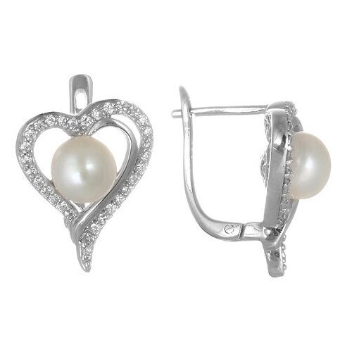 Серебряные серьги 'Сердце' с жемчугом и фианитами