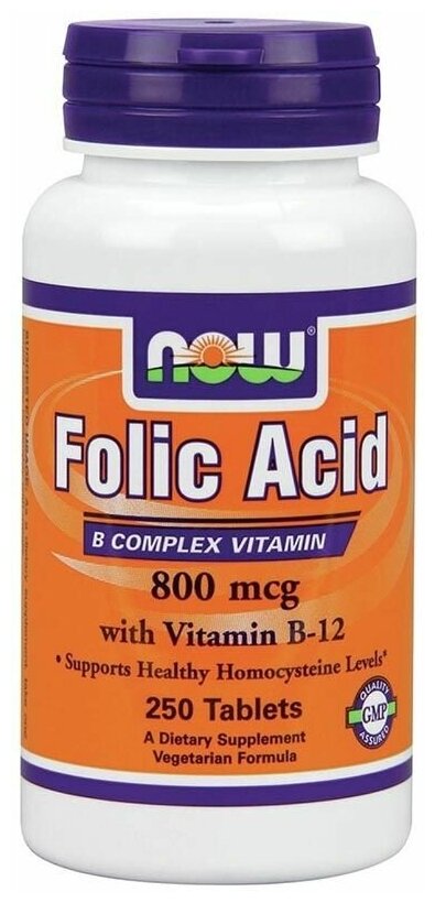 Таблетки NOW Folic Acid with Vitamin B-12, 80 г, 250 шт.