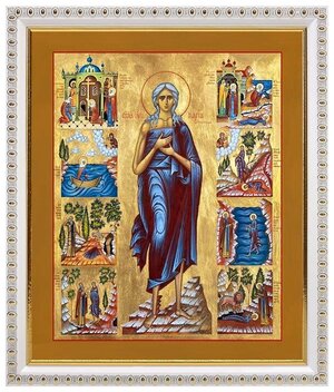 Преподобная Мария Египетская с житием, икона в белой пластиковой рамке 20*23,5 см