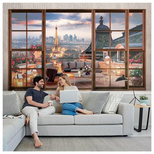 фото Фотообои вид с балкона на ночной париж/ красивые уютные обои на стену в интерьер комнаты/ 3д расширяющие пространство над кроватью или над столом/ на кухню в спальню детскую зал гостиную прихожую/ размер 300х180см/ флизелиновые топ фотообои,топ фотообои