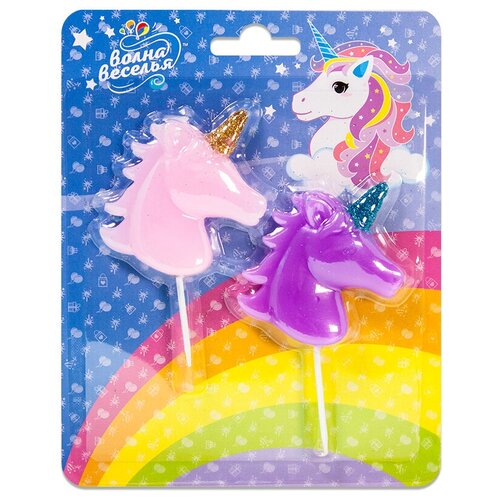 Свеча Фигура, Волшебный единорог, Розовый/Сиреневый, с блестками, 5 см, 2 шт. с держат.