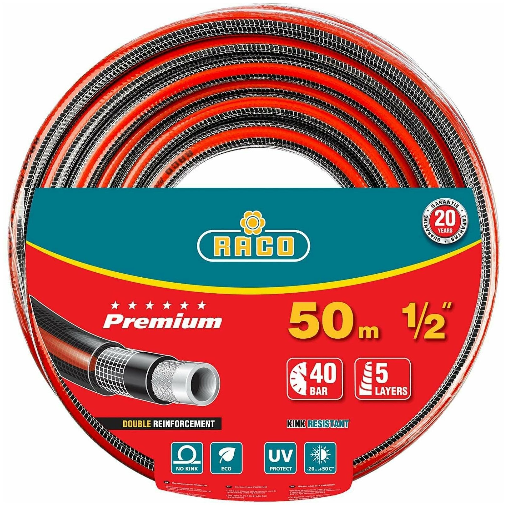 Поливочный шланг RACO Premium 1/2", 50 м, 40 атм, пятислойный, усиленный двумя слоями армирования 40300-1/2-50